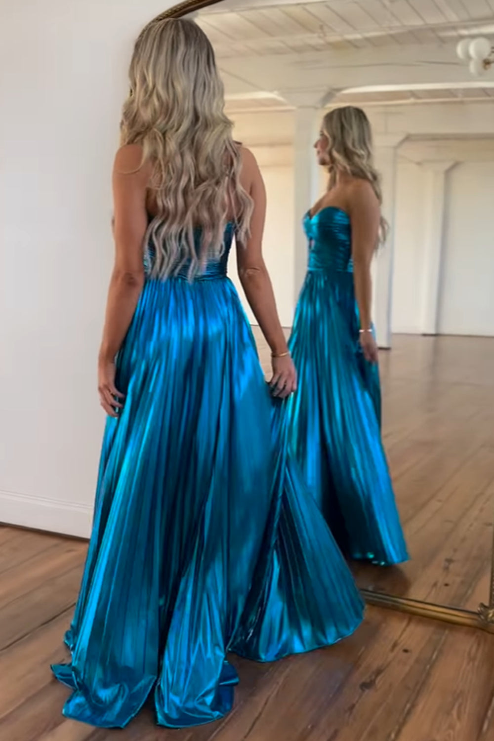Metallic Golden Sweetheart Long A-Line Corset Prom Dress with Pleats and Slit