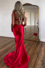 Long Backless Red Mermaid Prom Dress in Satin with Spaghetti Straps and Slit