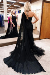 Long Black Corset Prom Dress in Tulle with One Shoulder Cape and Appliques