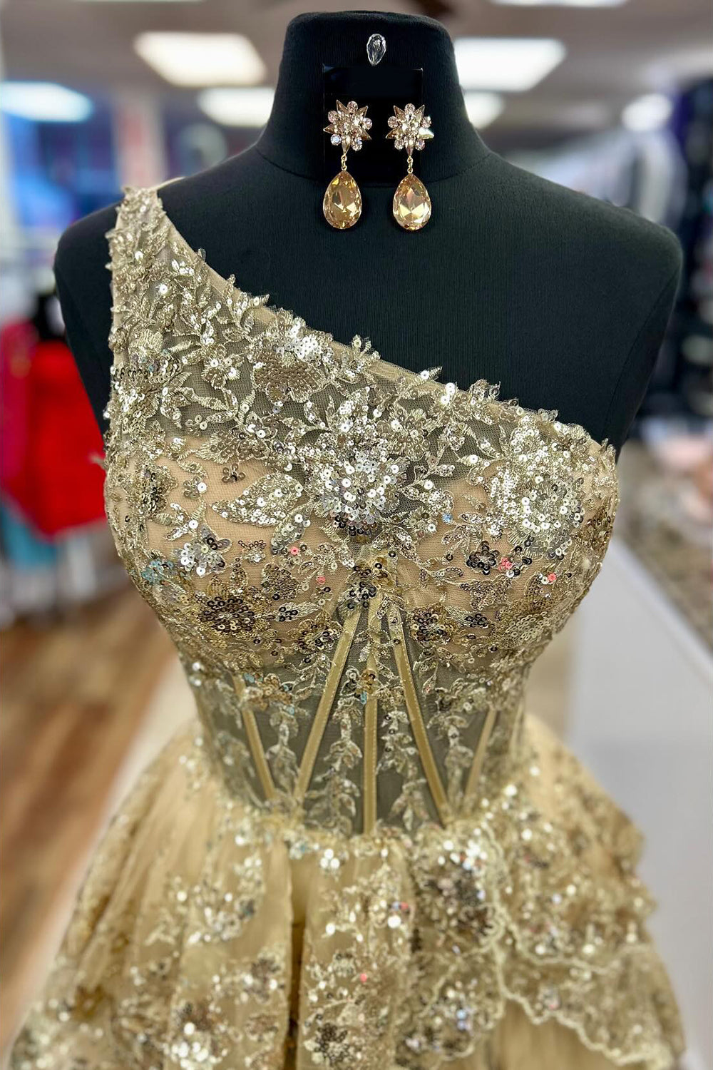Gold Sequin One-Shoulder Long Corset Prom Dress with Sparkly Tulle Tiered A-Line and Slit