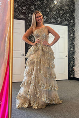 Gold Sequin One-Shoulder Long Corset Prom Dress with Sparkly Tulle Tiered A-Line and Slit