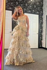 Gold Sequin One-Shoulder Long Corset Prom Dress with Sparkly Tulle Tiered A-Line and Slit