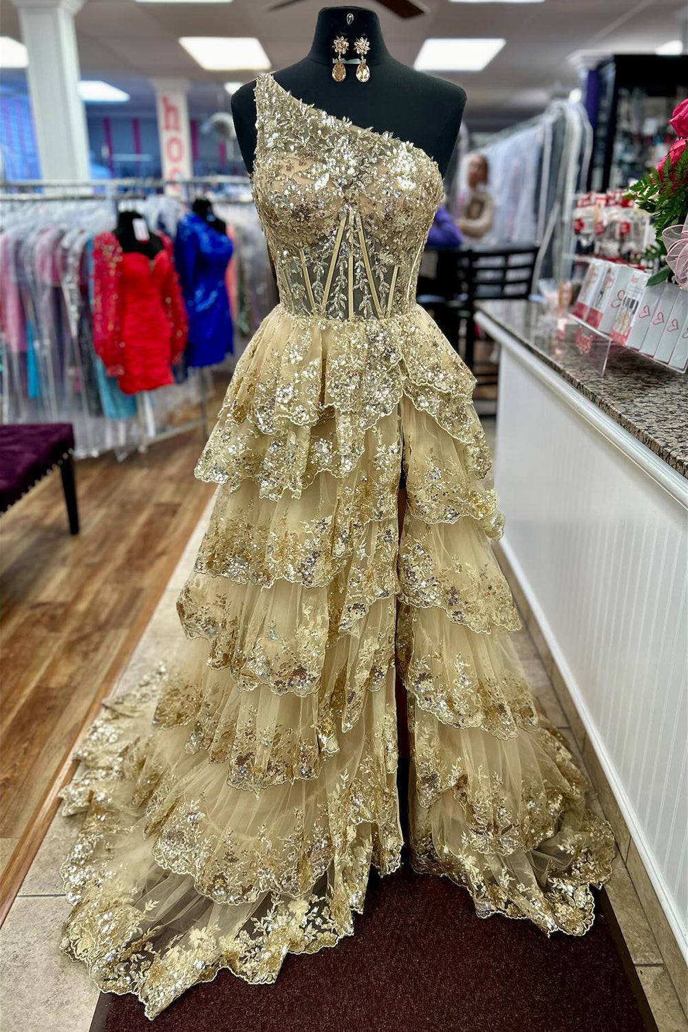 Gold Sequin One-Shoulder Long Corset Prom Dress with Sparkly Tulle Tiered A-Line and Slit