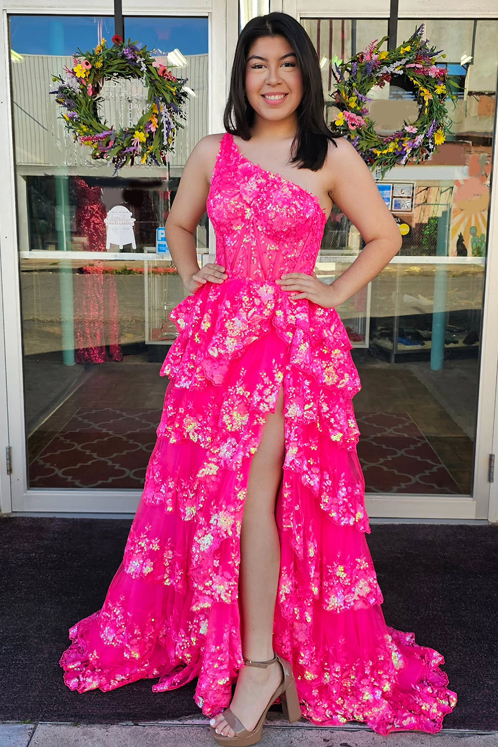 Gold Sequin One-Shoulder Long Corset Prom Dress with Sparkly Tulle Tiered A-Line and Slit