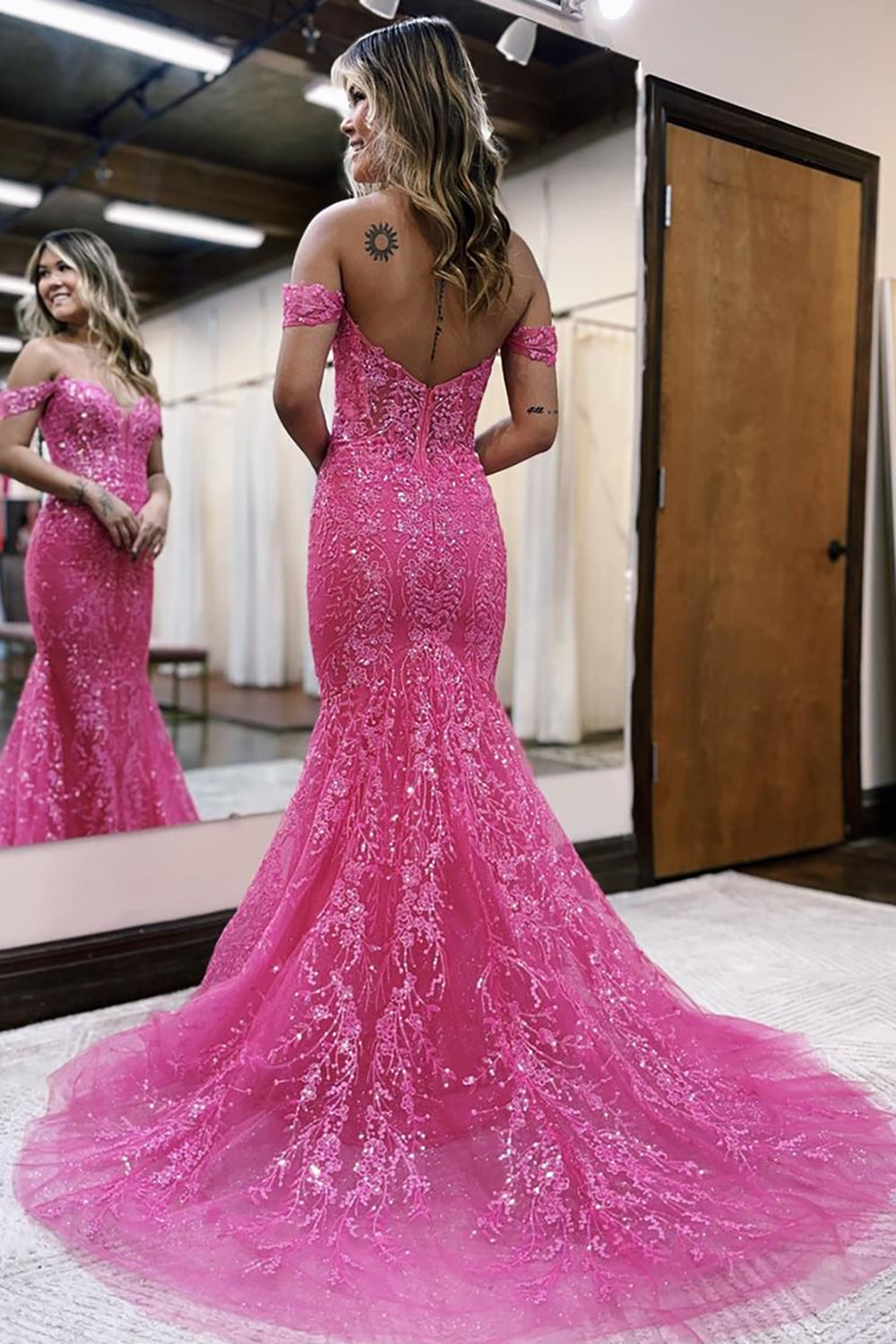Long Fuchsia Mermaid Prom Dress with Appliques and Off-the-Shoulder Design