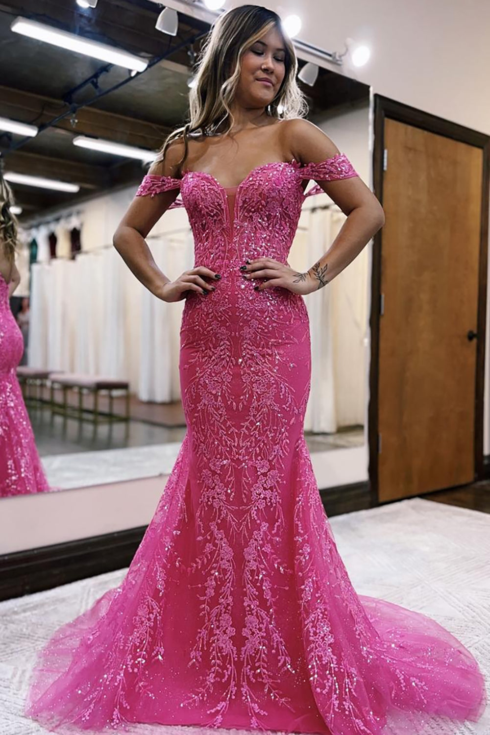Long Fuchsia Mermaid Prom Dress with Appliques and Off-the-Shoulder Design