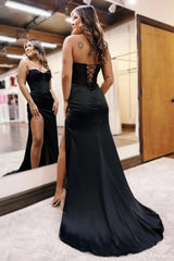 Long Black Satin Mermaid Prom Dress with Sweetheart Neckline and Beading