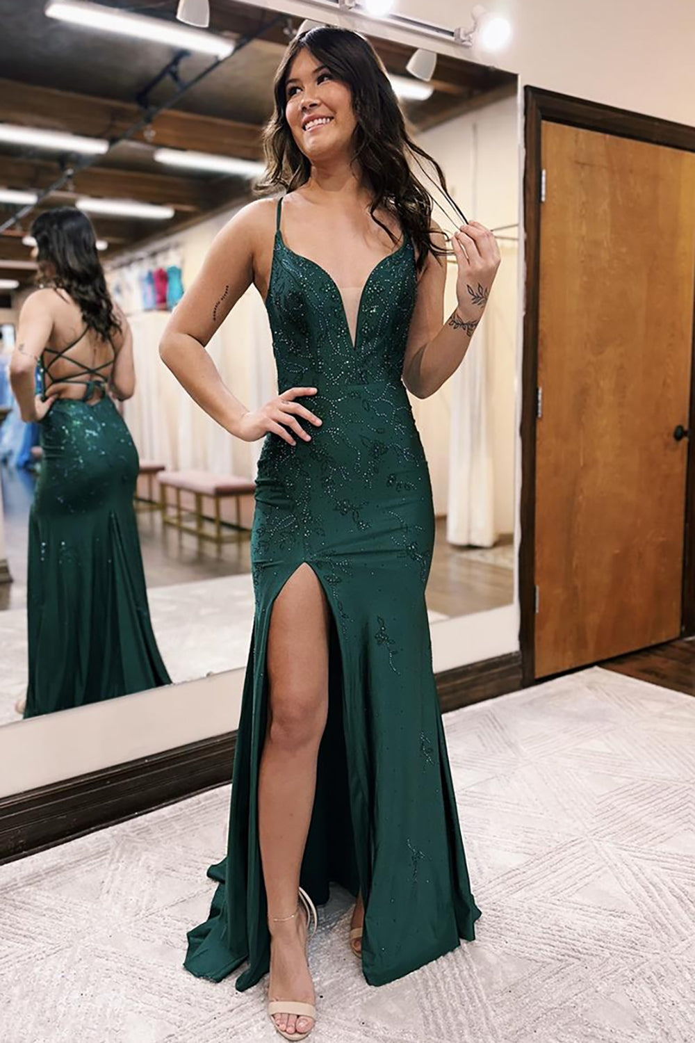 Dark Green Glitter Mermaid Prom Dress with Beaded Spaghetti Straps