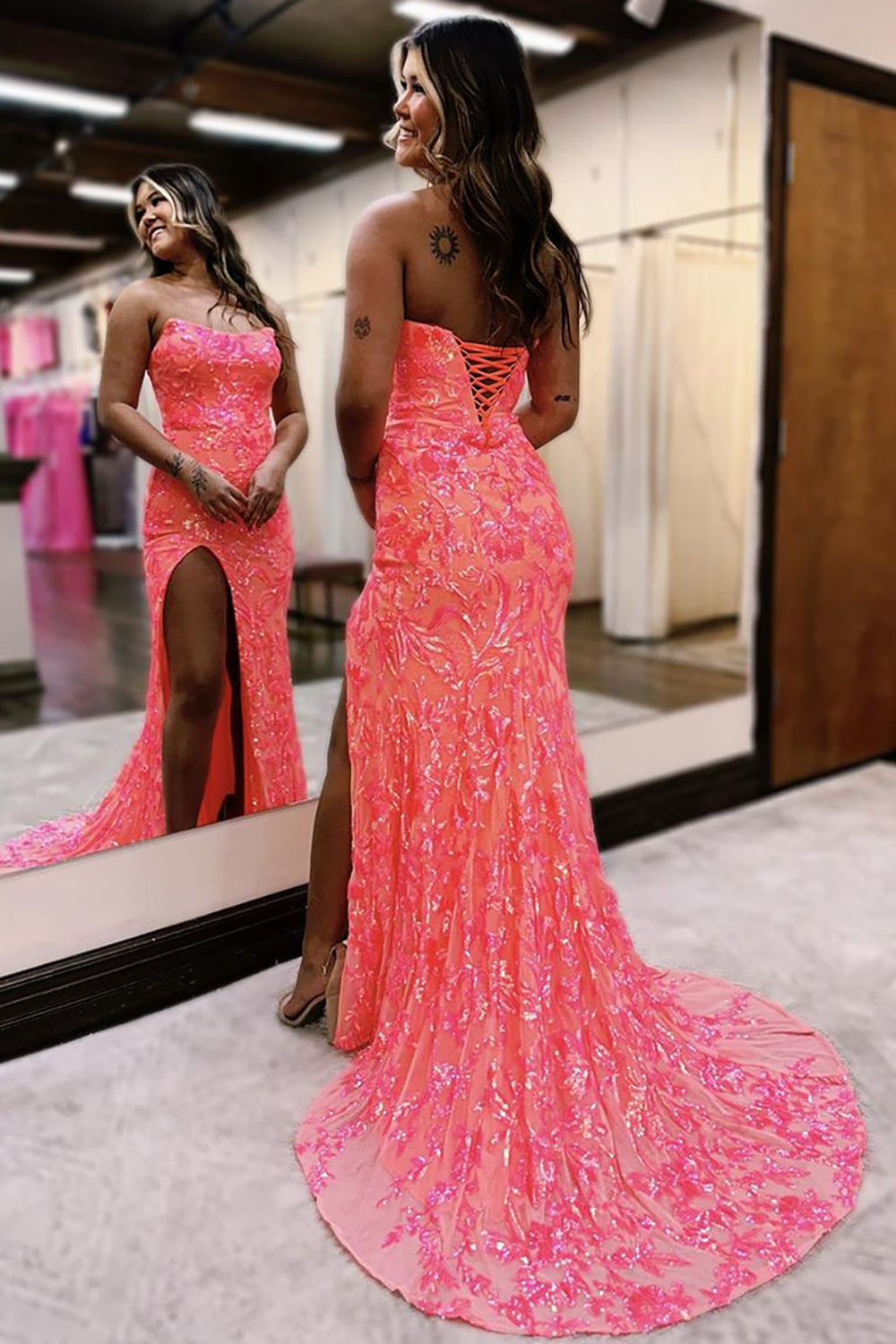 Long Orange Mermaid Prom Dress with Sparkly Sequins and a Strapless Slit