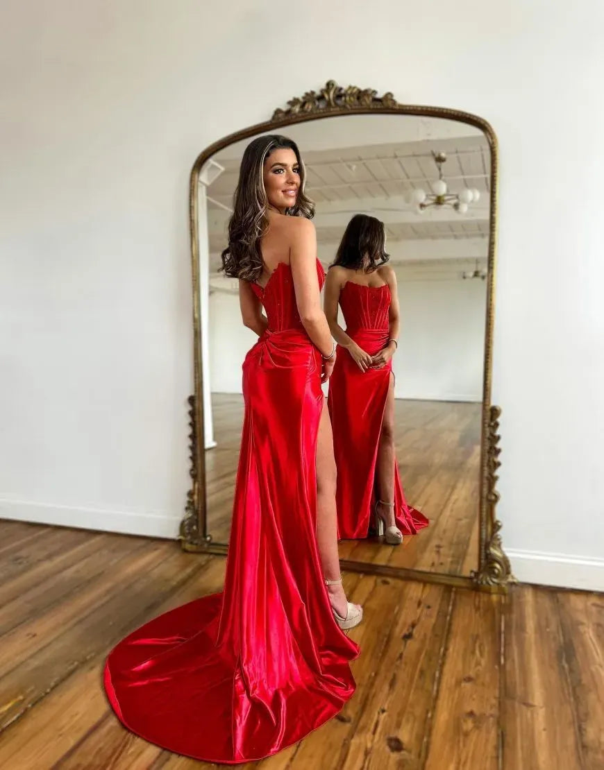 Long Red Satin Sweetheart Mermaid Prom Dress with Slit
