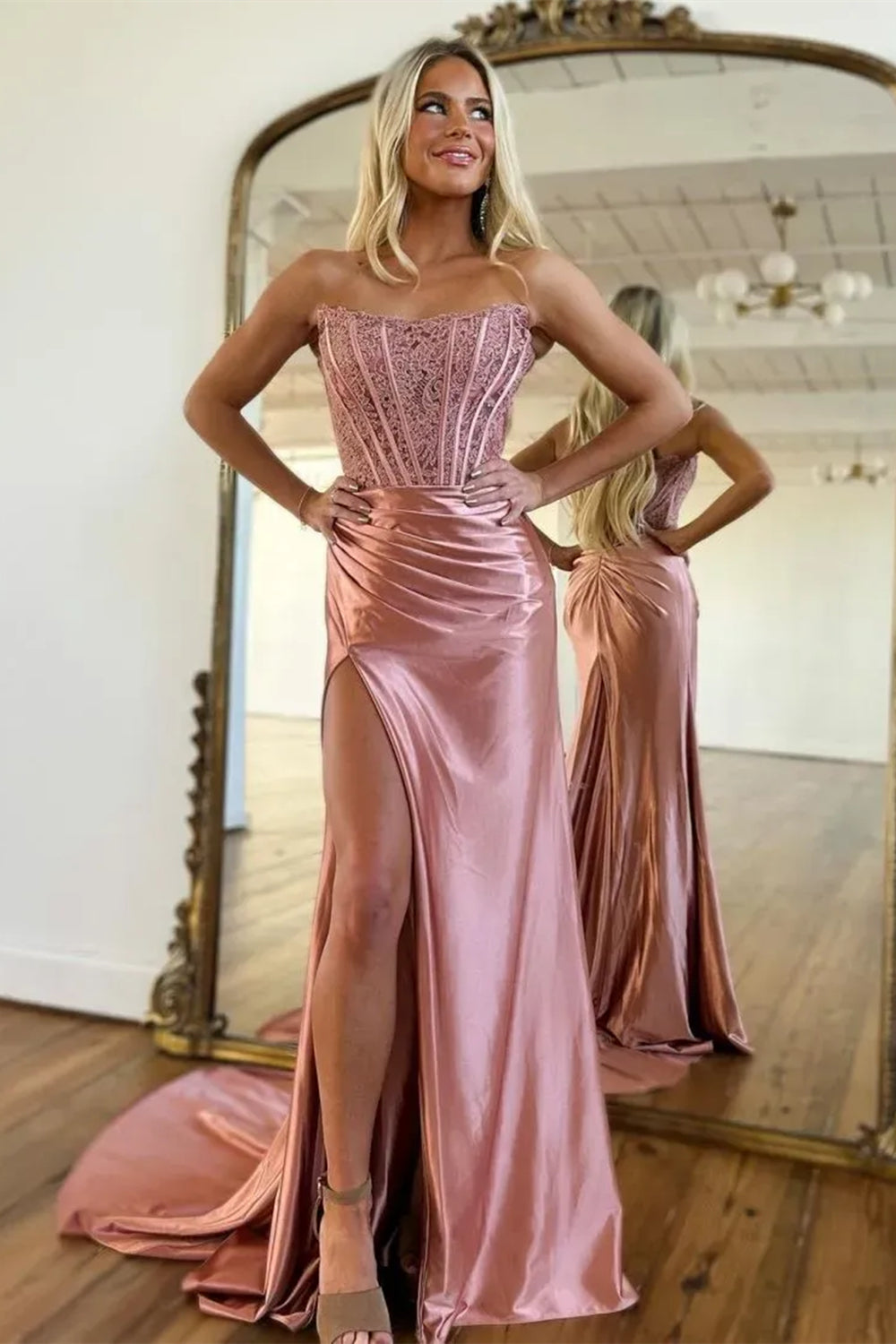 Long Satin Mermaid Prom Dress in Fuchsia with Strapless Corset and Slit