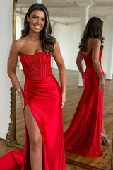 Long Red Satin Sweetheart Mermaid Prom Dress with Slit