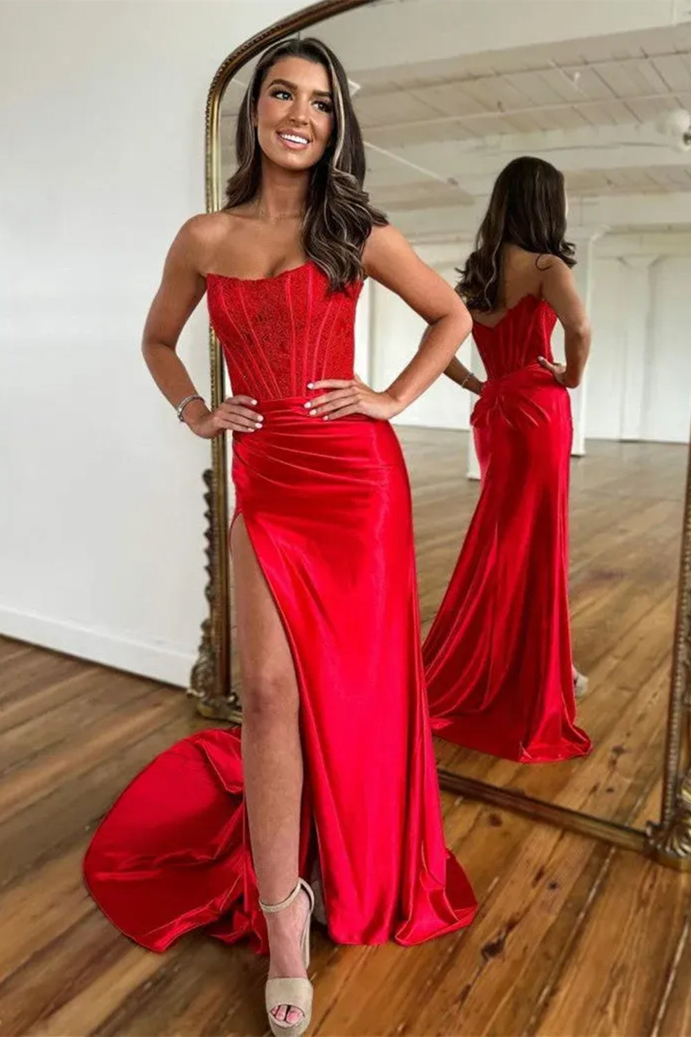 Long Satin Mermaid Prom Dress in Fuchsia with Strapless Corset and Slit