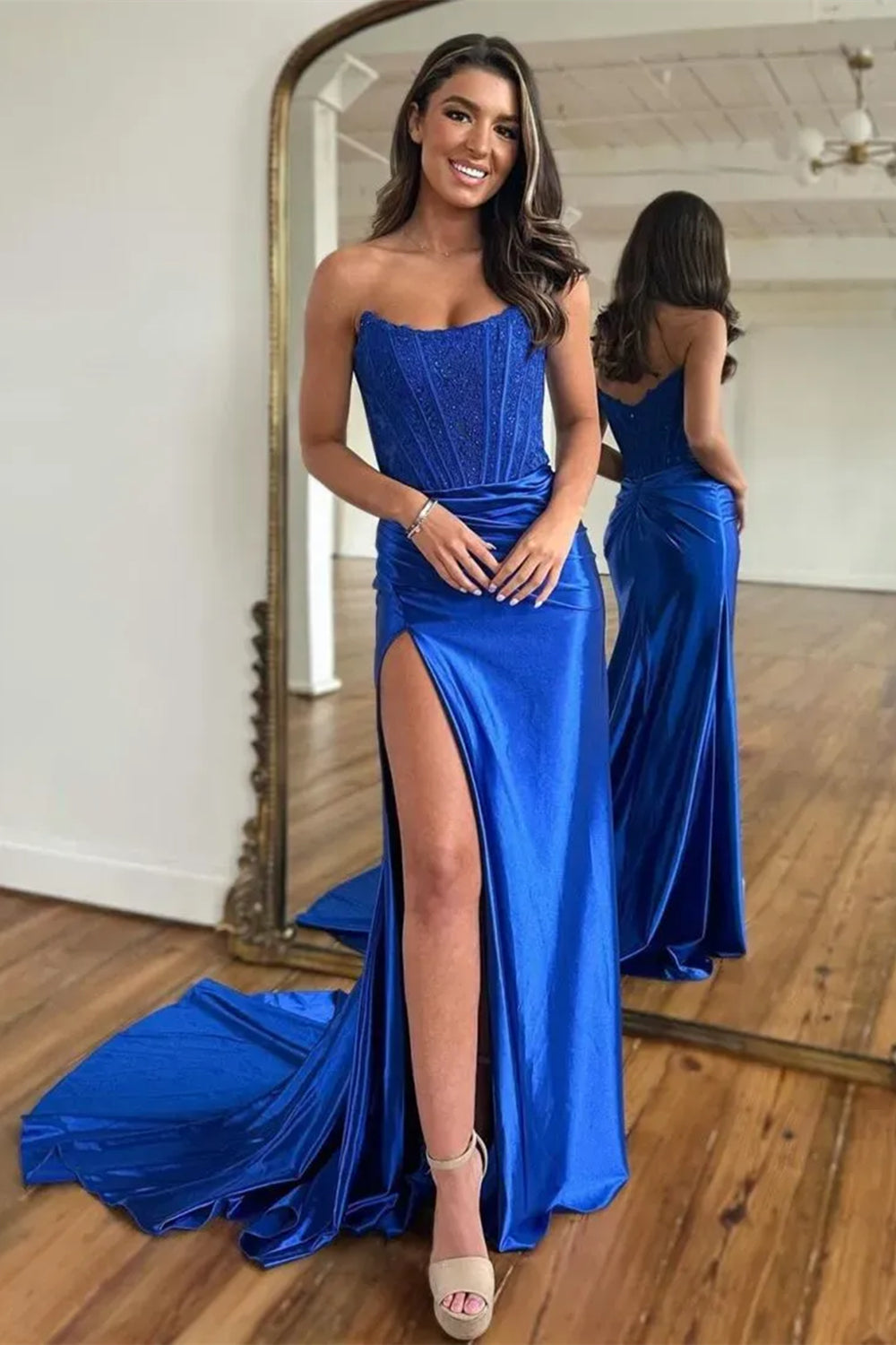 Long Red Satin Sweetheart Mermaid Prom Dress with Slit