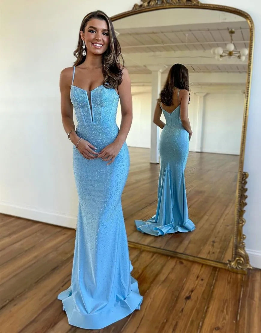Long Fuchsia Mermaid Prom Dress with Glitter Beading and Spaghetti Straps