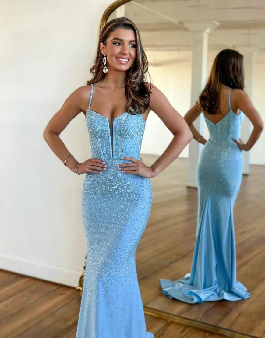 Long Fuchsia Mermaid Prom Dress with Glitter Beading and Spaghetti Straps