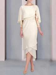 Tea-Length Mother of the Bride Dress with Scoop Neck Short Sleeves and Appliqued Lace