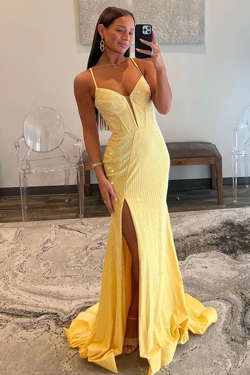 Long Navy Corset Prom Dress with Sparkly Beaded Spaghetti Straps and Mermaid Slit