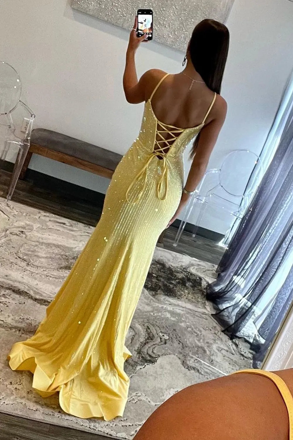 Long Navy Corset Prom Dress with Sparkly Beaded Spaghetti Straps and Mermaid Slit