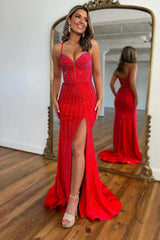 Red Beaded Mermaid Corset Prom Dress with Glitter and Spaghetti Straps Long with Slit