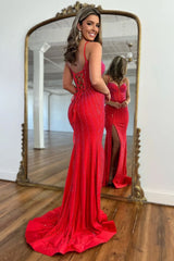Red Beaded Mermaid Corset Prom Dress with Glitter and Spaghetti Straps Long with Slit