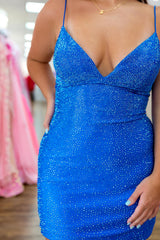 Sparkly Beaded Royal Blue Spaghetti Straps Tight Short Homecoming Dress/Mini Dress