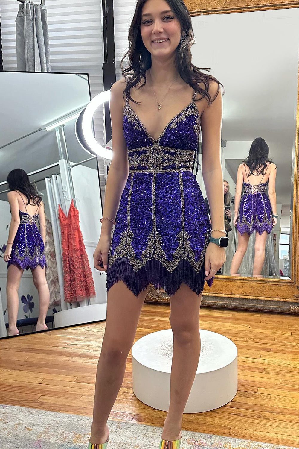 Turquoise Sequined Homecoming Dress/Mini Dress With Fringes