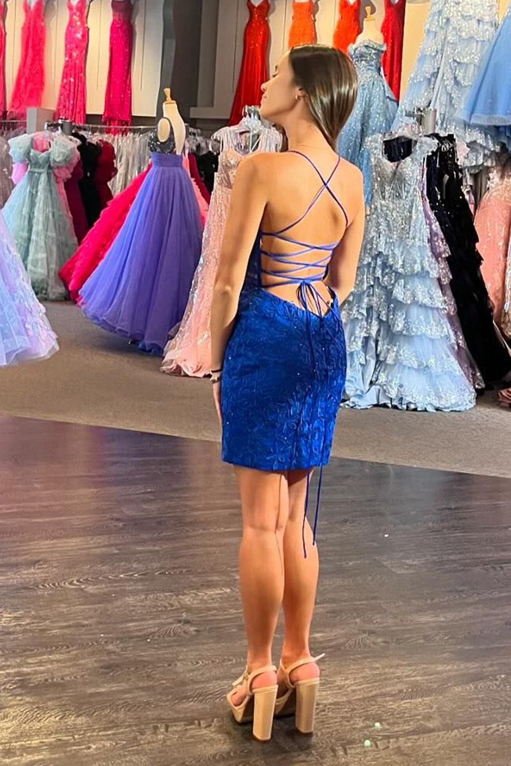 Orange Spaghetti Straps Tight Short Homecoming Dress/Mini Dress with Appliques