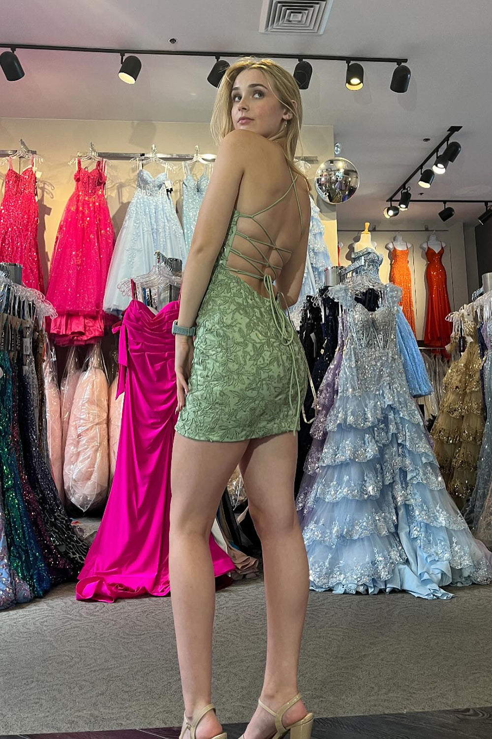 Champagne Spaghetti Straps Tight Short Homecoming Dress/Mini Dress with Appliques