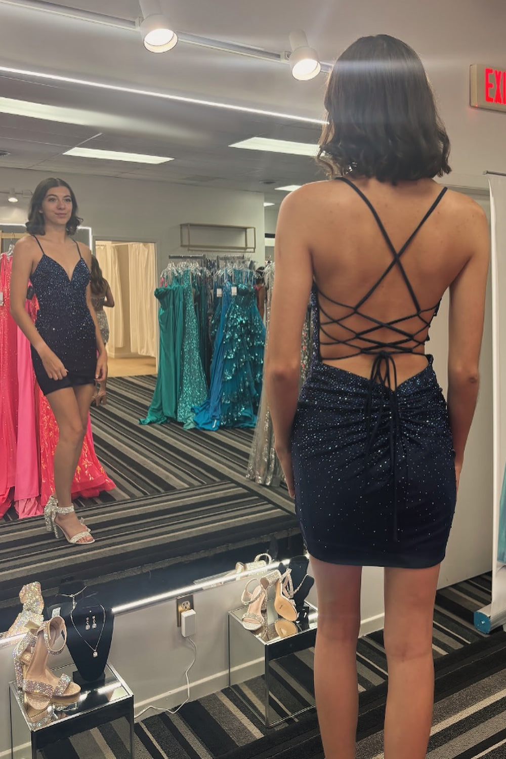 Sparkly Dark Green Spaghetti Straps Beaded Backless Tight Homecoming Dress/Mini Dress