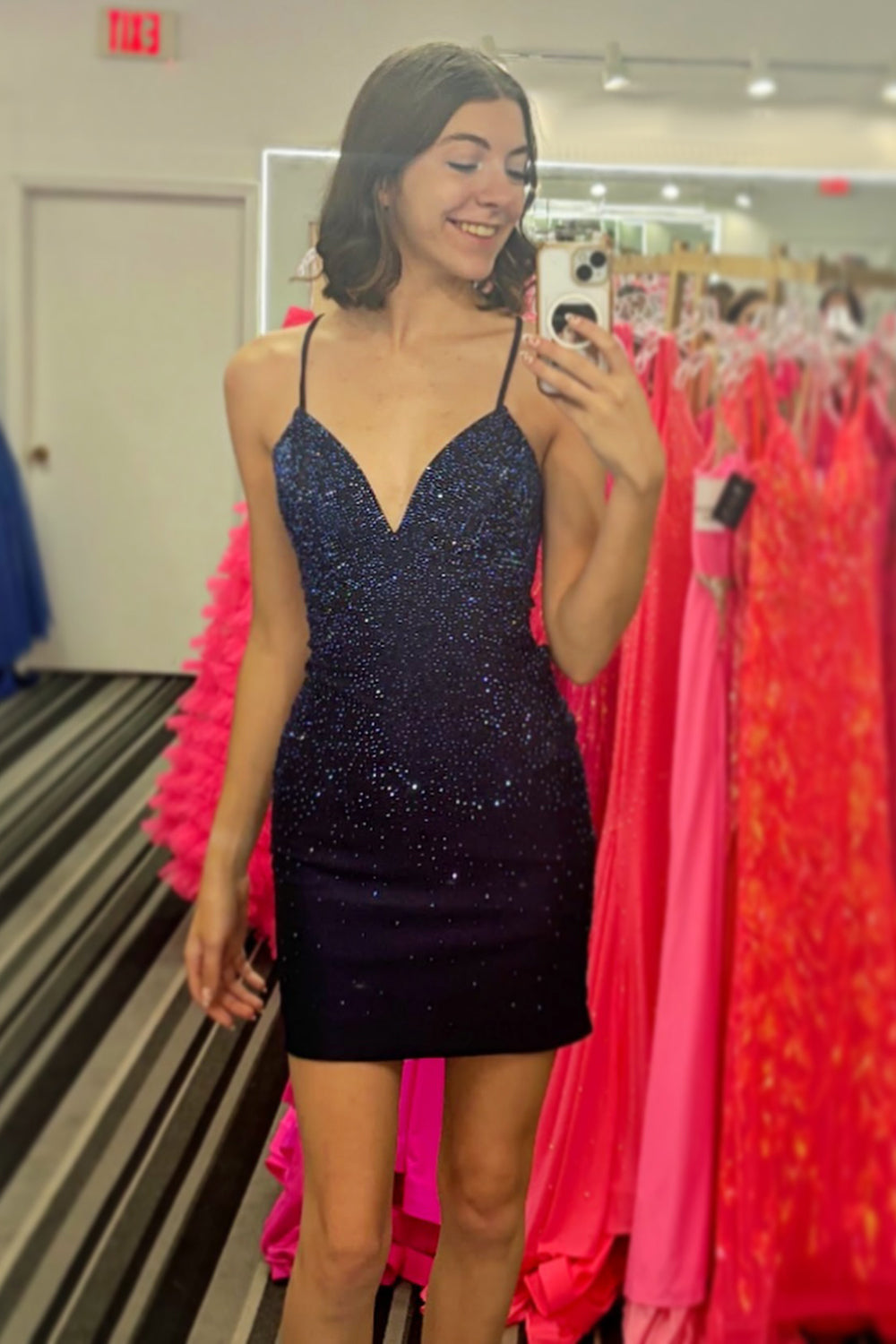 Glitter Black Spaghetti Straps Sequins Backless Tight Homecoming Dress/Mini Dress