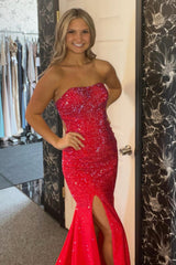 Long Beaded Red Mermaid Prom Dress with Glitter and Strapless Slit Design