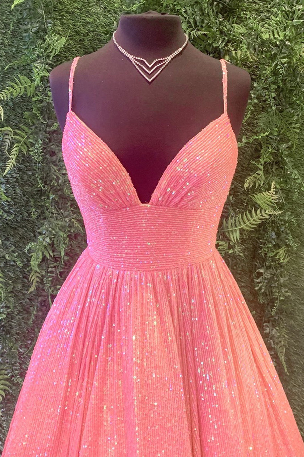 Long A-Line Prom Dress with Fuchsia Sequins and Spaghetti Straps