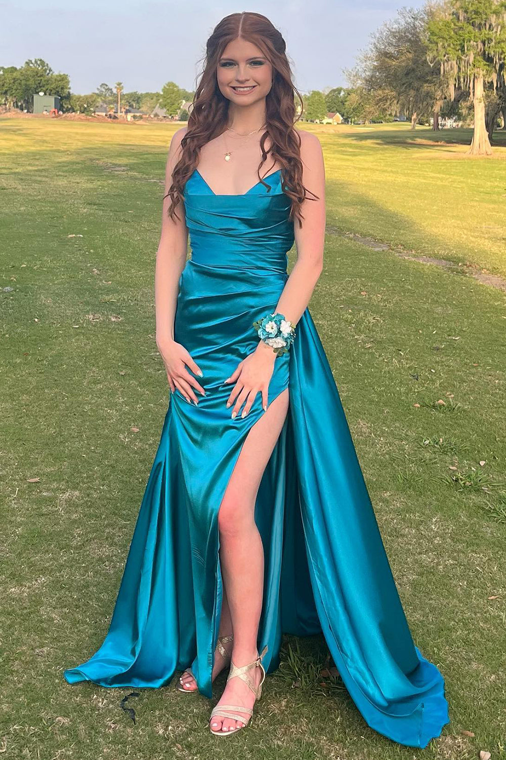 Long Strapless Mermaid Prom Dress in Peacock Green Satin with Slit