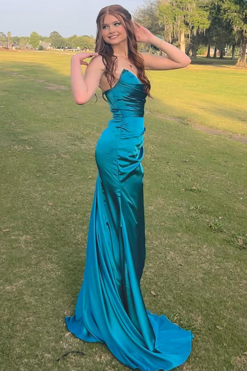 Long Strapless Mermaid Prom Dress in Peacock Green Satin with Slit