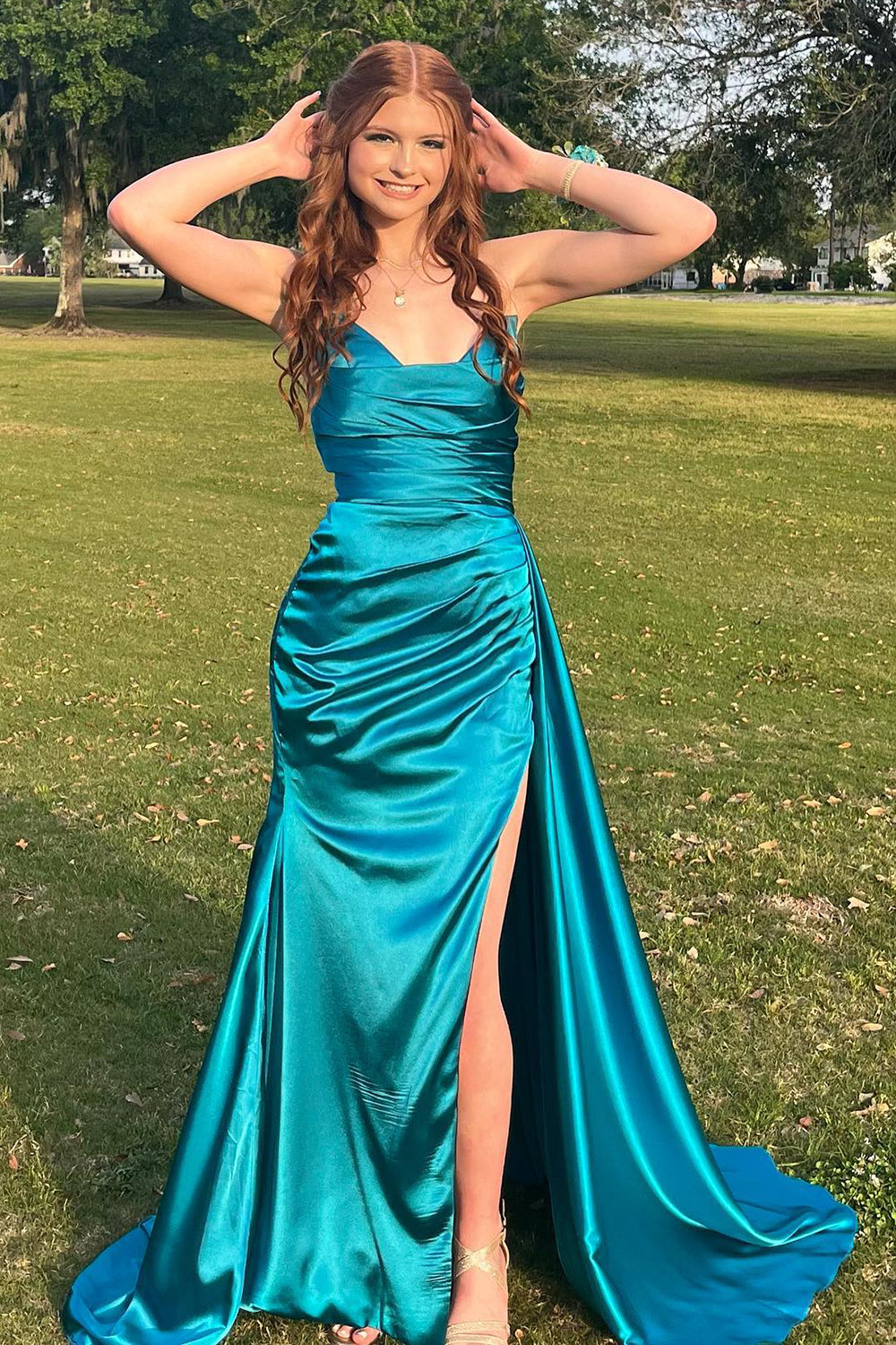Long Strapless Mermaid Prom Dress in Peacock Green Satin with Slit