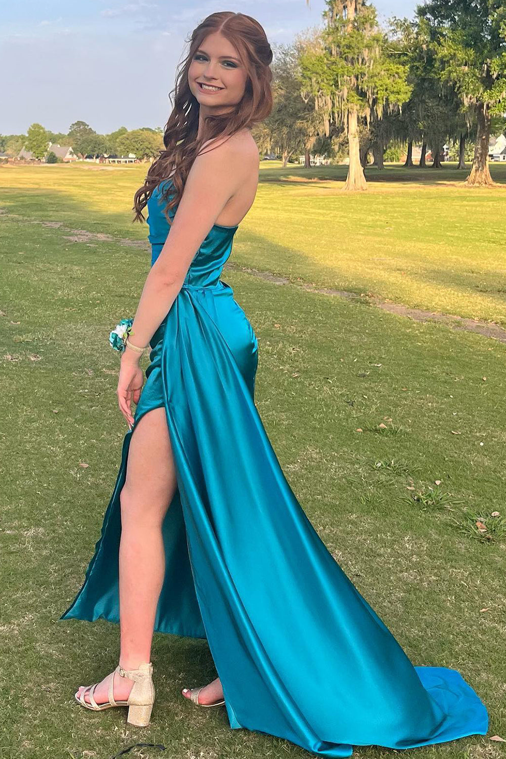 Long Strapless Mermaid Prom Dress in Peacock Green Satin with Slit