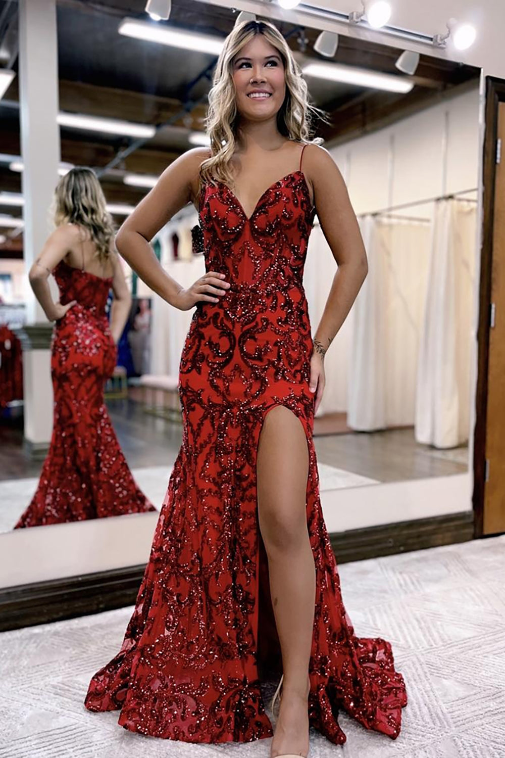 Mermaid Prom Dress with Orange Spaghetti Straps