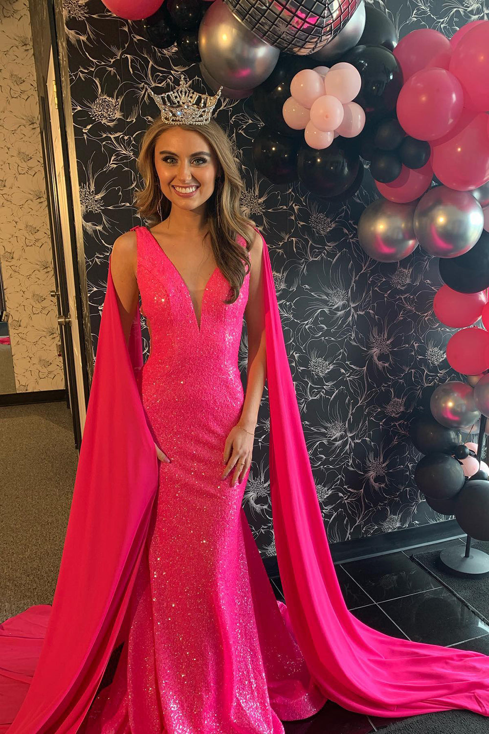 Long Mermaid Prom Dress with Sparkly Hot Pink Sequins and V-neck Cape