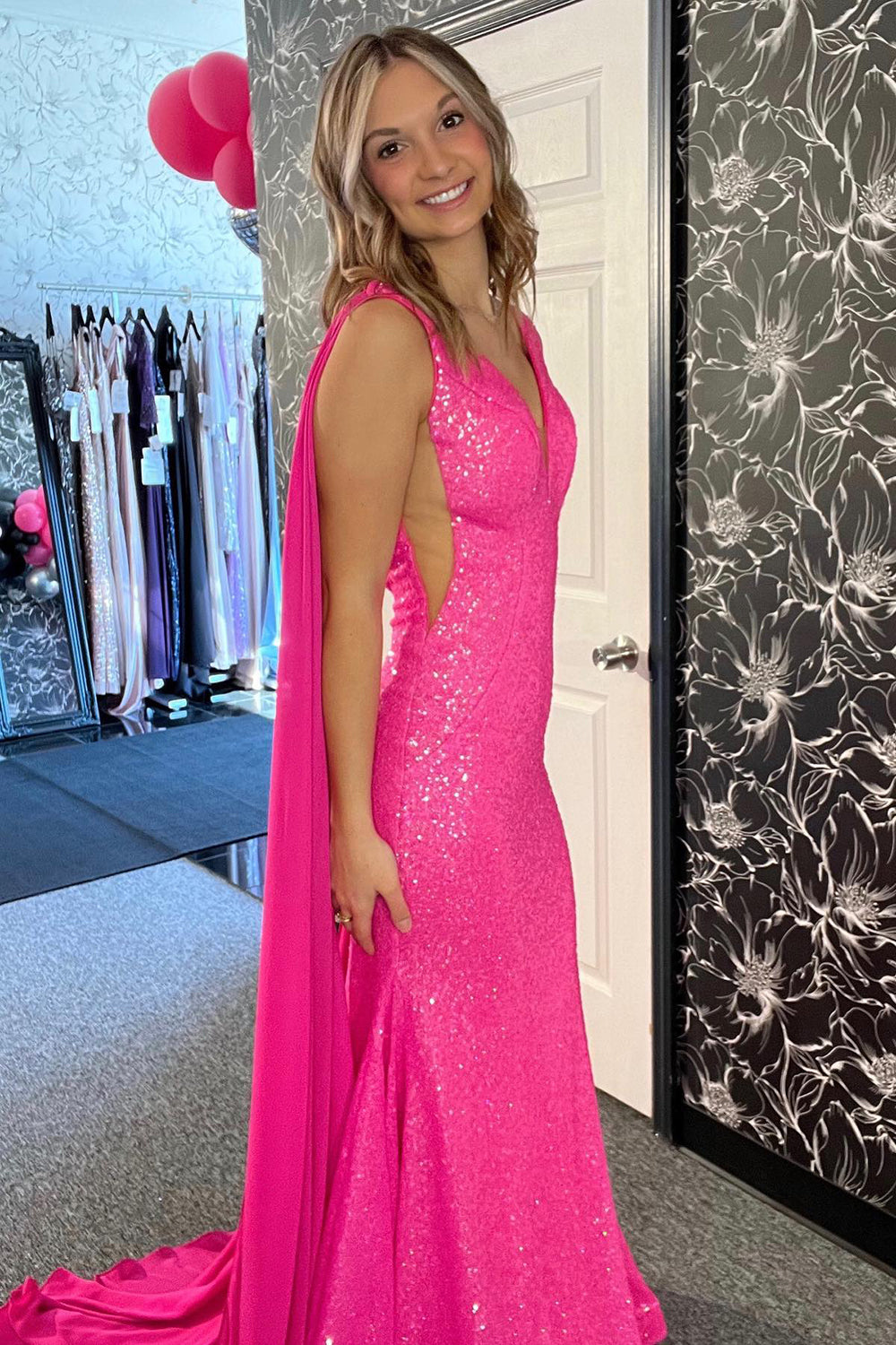 Long Mermaid Prom Dress with Sparkly Hot Pink Sequins and V-neck Cape