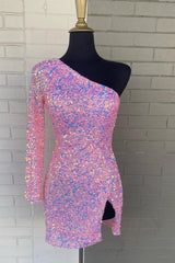 Sparkly Pink Sequined One Shoulder One Sleeve Tight Short Homecoming Dress/Mini Dress with Slit
