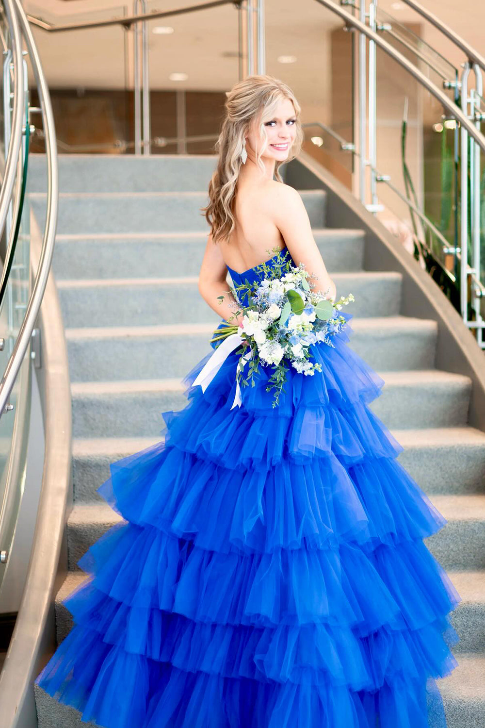 Hot Pink Long A-Line Prom Dress with Ruffled Straps