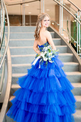 Hot Pink Long A-Line Prom Dress with Ruffled Straps