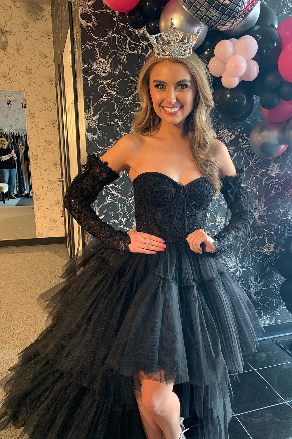 Hot Pink High Low Detachable Sleeves Corset Homecoming Dress/Mini Dress with Lace