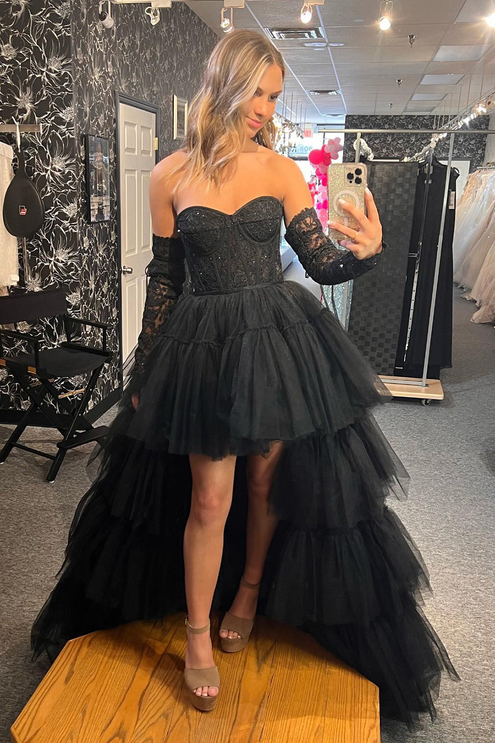 Hot Pink High Low Detachable Sleeves Corset Homecoming Dress/Mini Dress with Lace