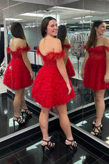 Sparkly Red Corset Off The Shoulder A Line Short Homecoming Dress/Mini Dress with Feathers