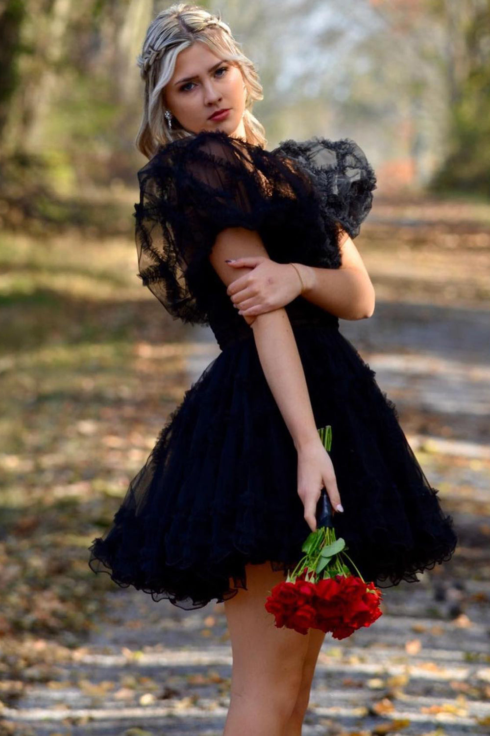 Fuchsia Corset Puff Sleeves A-Line Short Homecoming Dress/Mini Dress with Ruffles