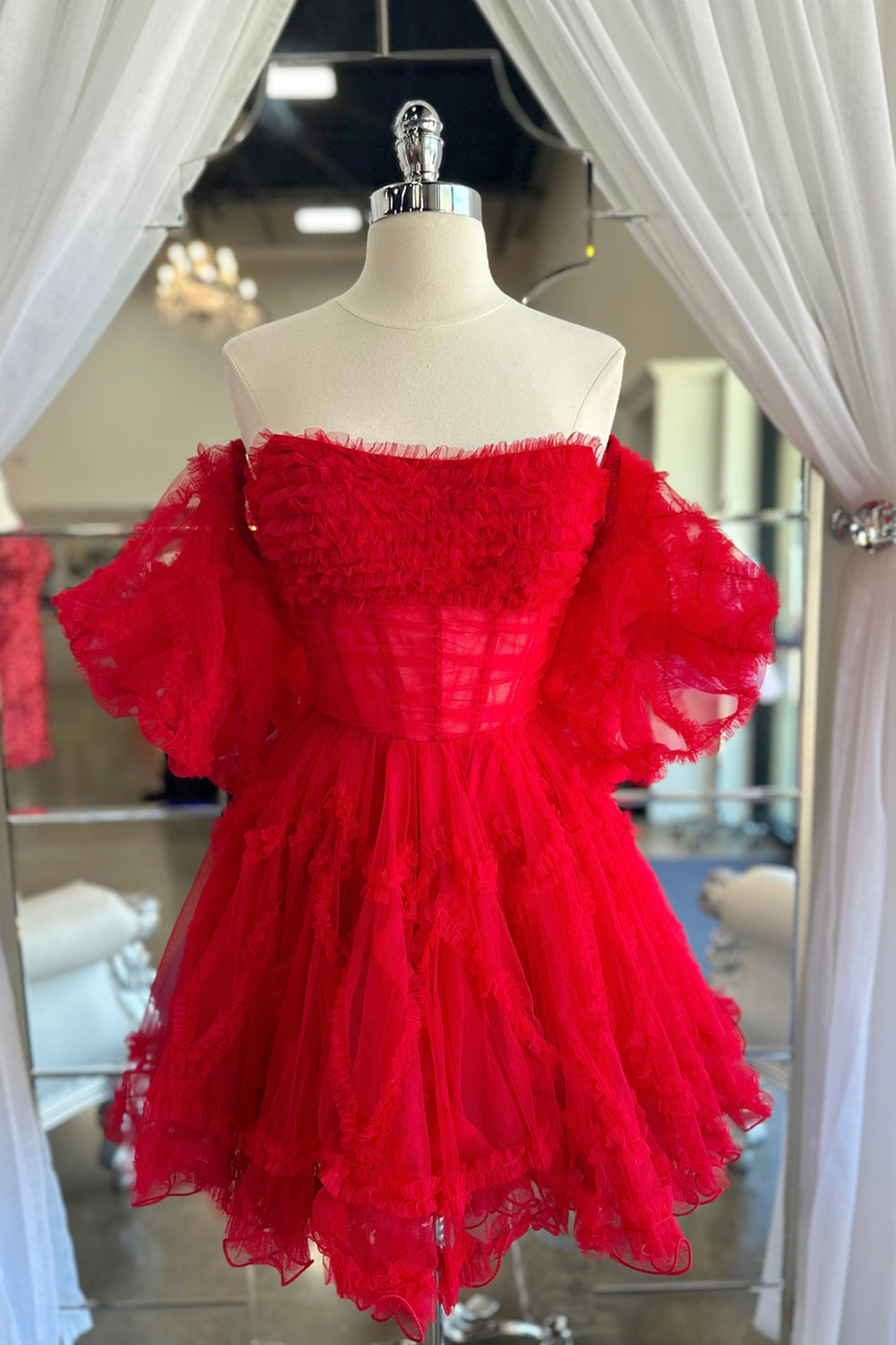 Red Corset Strapless A-Line Short Tulle Homecoming Dress/Mini Dress with Detachable Sleeves