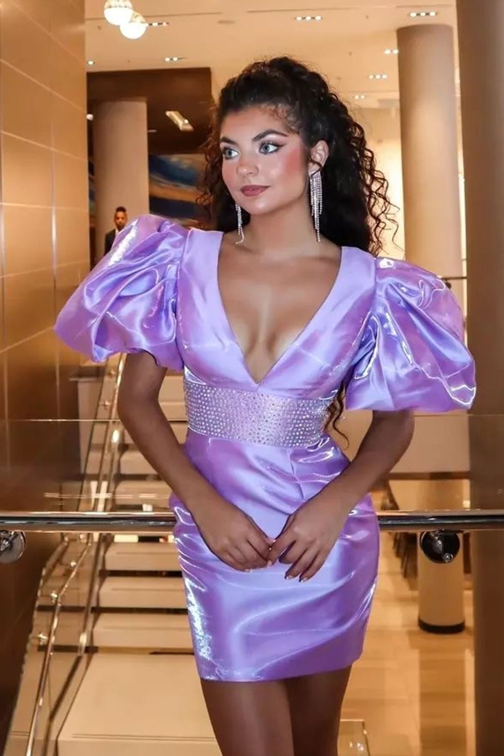 Sparkly Red Puff Sleeves Tight Short Homecoming Dress/Mini Dress with Beading