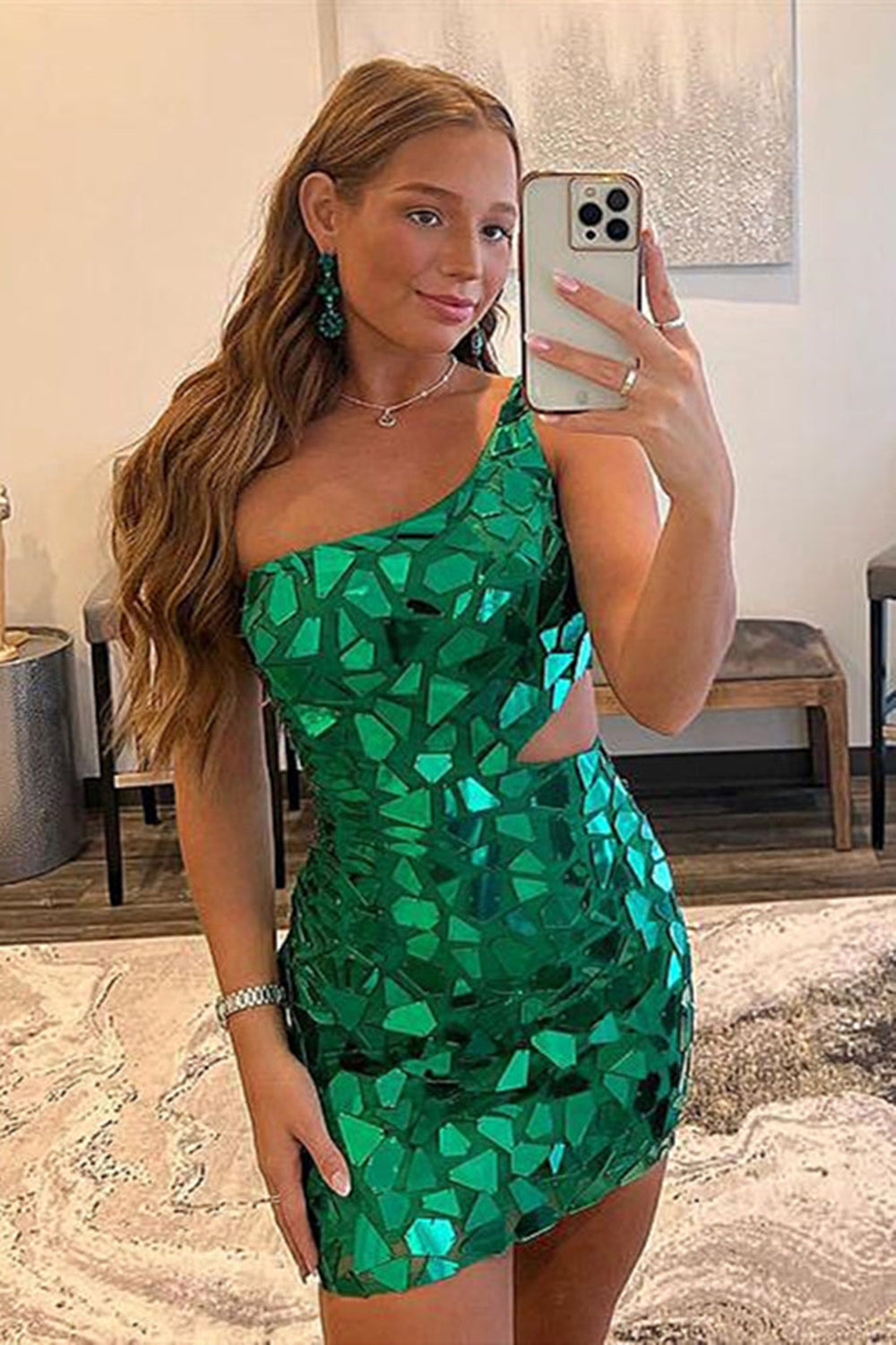 Sparkly Green One Shoulder Mirror Tight Short Homecoming Dress/Mini Dress with Sequins
